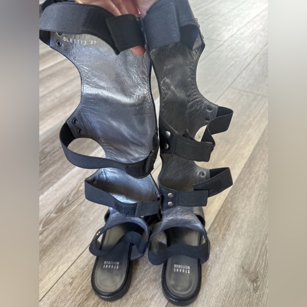 Stuart Weitzman Backview Tall Gladiator Black Leather Sandal Size 37 US 6.5 - Picture 6 of 9